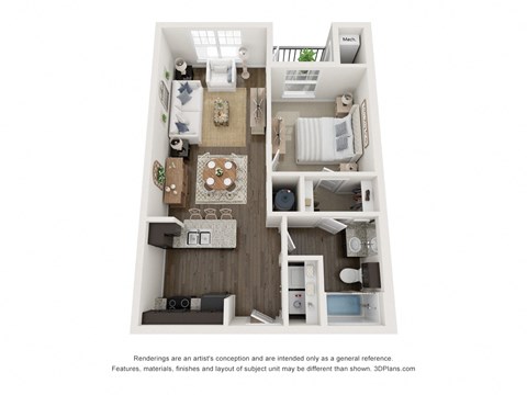 Floor plan for 1 bed, 1 bath, 666 sqft